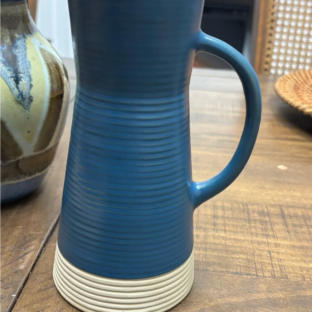 Crate&barrel blue and beige ceramic ribbed candle holder